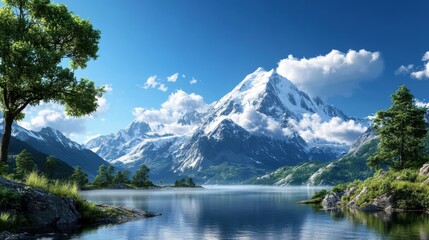 A stunning snowy mountain is beautifully mirrored in a calm blue lake, surrounded by greenery, under a clear sky, evoking serenity and natural beauty.