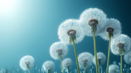 A close-up view of dandelions in a serene, blue-toned environment.