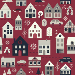 Christmas background. Cute little houses on city street seamless pattern. Scandinavian style.