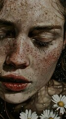 Fototapeta premium Water Drops on a Woman's Face with Daisies