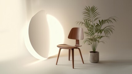 Fototapeta premium Modern interior design with wooden chair, floor lamp, and potted plant