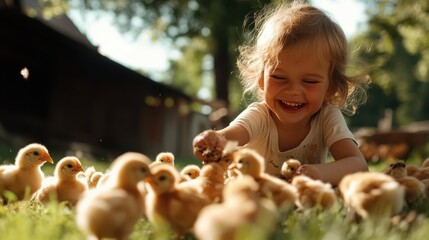 A laughing child joyfully surrounded by lively and adorable chicks on a sunny day, evoking feelings of happiness, nostalgia, and the simplicity of rural life.