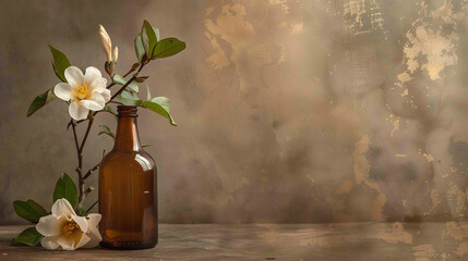 Two orange flowers in a dark brown glass bottle on a textured surface.