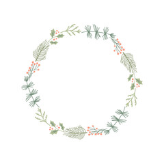 Round Christmas vector Flower and berries wreath. Frame with leaves for winter holiday scandinavian. Isolated Elements for the design with place for text