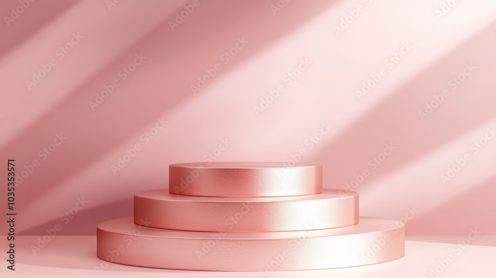 Poster three layered podiums in a rose gold finish sit against a soft pink backdrop, illuminated by gentle 