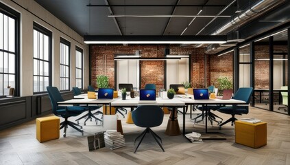 Industrial loft office space with exposed brick walls, modern furniture, and natural light