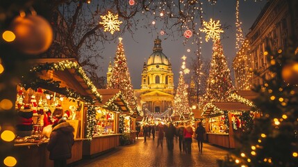 Christmas market in Budapest dazzles with festive lights and holiday cheer at Saint Stephen Basilica.