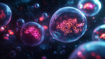 Fototapeta premium Glowing Spheres with Inner Red Ring Structures in a Dark Space