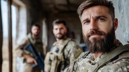 Fototapeta premium Three soldiers stand together in army gear, each displaying defiant expressions, showcasing unity, courage, and strength amidst adversity in unyielding conditions.