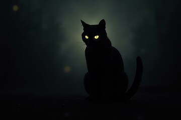 Mysterious Black Cat with Piercing Gaze Lurking in Shadowy Atmosphere