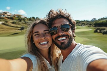 Happy young couple taking selfie at golf course, Generative AI