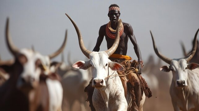 Dinka cattle herding and branding, central to their culture, reflecting the importance of cattle as symbols of wealth and status