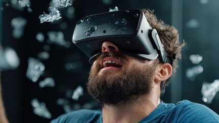 A man with a beard wears a VR headset, engrossed in virtual reality as digital elements surround him, embodying immersive technology and futuristic exploration.