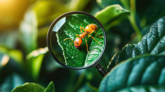 A close-up of an ant on a plant using a magnifying glass