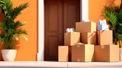 A collection of cardboard boxes stacked in front of a vividly painted orange door, suggesting themes of moving, delivery or new beginnings in a sunny environment.