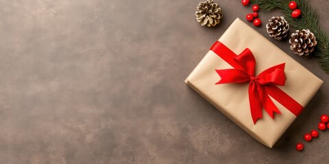 Obraz premium Festive Gift with Red Ribbon and Holiday Decor