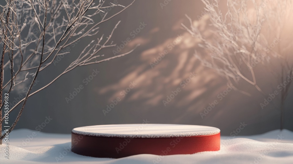 Aufkleber A tranquil winter landscape features a circular platform covered in snow, nestled among frosted trees. The soft light of dusk casts gentle shadows, creating a peaceful atmosphere in the cold.