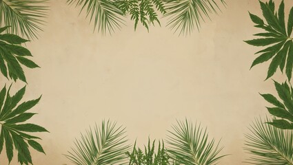 Fototapeta premium Tropical leaves frame on beige paper background