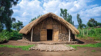 Fototapeta premium Tigrinya traditional house construction, using natural materials and ancient building techniques to create sustainable homes
