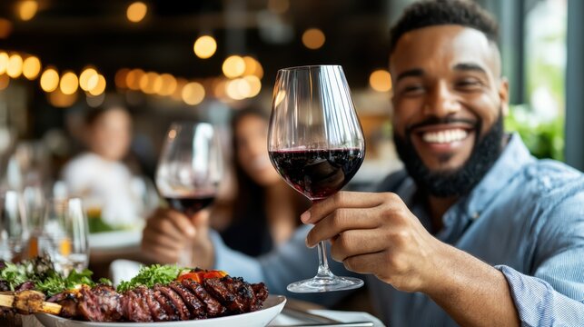A cheerful man holding a glass of red wine, accompanied by a delicious meal, enjoying a vibrant ambiance in a bustling restaurant with friends in the background.