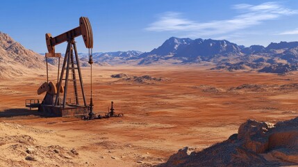 crude oil well surrounded by barren desert landscape,