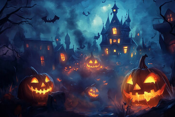 Halloween background with pumpkins, ghosts, and a castle.