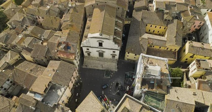 Aerial view of historic medieval town with beautiful stone buildings and quaint rooftops, Orte, Italy.