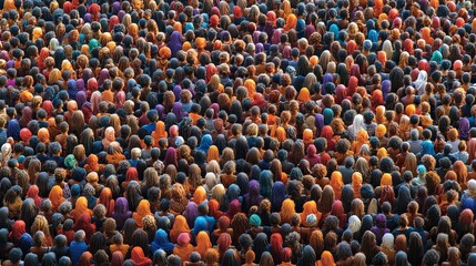 Fototapeta premium Diverse crowd of people with vibrant clothing and hairstyles seen from above