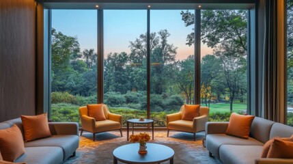 Obraz premium A Modern Lounge Area with a View of a Lush Green Park
