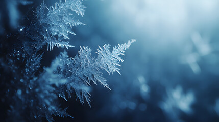 Close-up of frosty snowflakes in blue light