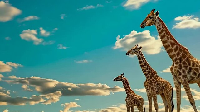 Graceful giraffe family against African sky, Video