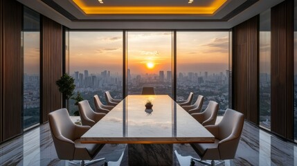 Fototapeta premium Modern Conference Room with Cityscape and Sunset View