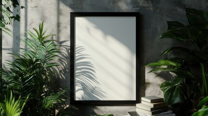  An empty vertical frame mockup on the wall, a black wooden frame resting against tropical greenery and plants in a modern home.