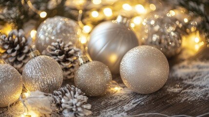 Christmas balls resting on a wooden surface with pine cones and string lights