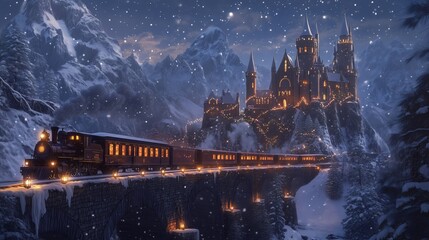 Steam train traveling through snowy mountains to fairy tale castle at night
