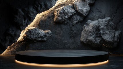 A black podium with rock textures and spotlight lighting, set against a dark background for product display presentation