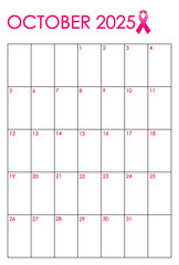 October month 2025 vertical calendar. Simple design in pink and black colors and a pink ribbon symbol for Breast Cancer awareness month 