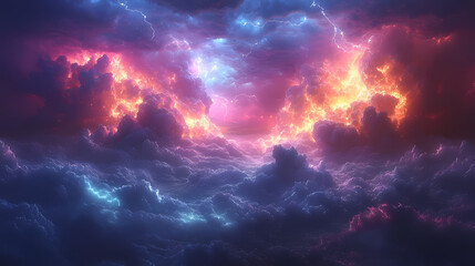 Fototapeta premium Clouds with colorful lightning in a stormy landscape. A storm is raging in the skies, illuminating masses of thunderclouds with flashes.