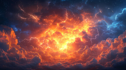 Clouds with colorful lightning in a stormy landscape. A storm is raging in the skies, illuminating masses of thunderclouds with flashes.