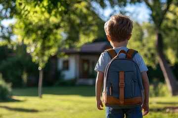 Fototapeta premium Young boy with backpack standing in sunny outdoor garden