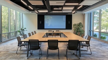 Fototapeta premium Modern Conference Room with Large Screen and Wooden Table