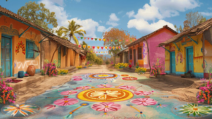 A traditional Indian village adorned with colorful rangoli patterns and festive decorations