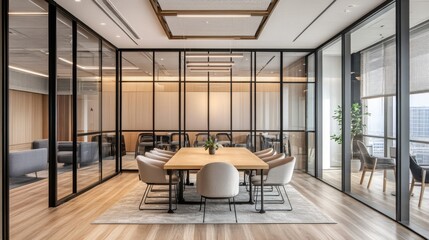 Modern Meeting Room with Glass Walls and Wooden Table