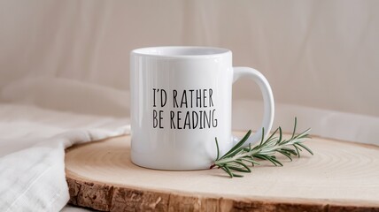 Fototapeta premium White mug with 'I'd rather be reading' printed, on wooden stump with rosemary