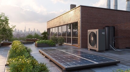 Air source heat pump installed in residential building. Sustainable and clean energy at home