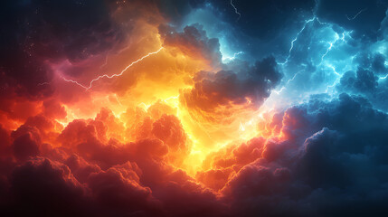 Clouds with colorful lightning in a stormy landscape. A storm is raging in the skies, illuminating masses of thunderclouds with flashes.