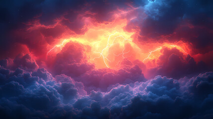 Clouds with colorful lightning in a stormy landscape. A storm is raging in the skies, illuminating masses of thunderclouds with flashes.