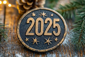 Decorative plaque reading 2025 surrounded by festive greenery and pine