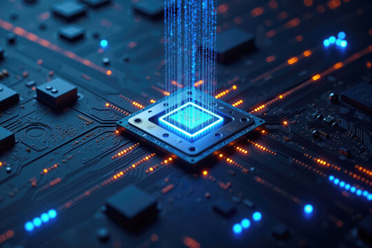 Cpu receiving data stream on motherboard with blue lights