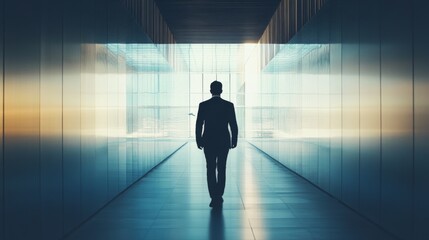 Fototapeta premium A Silhouette of a Man Walking Down a Modern Glass Corridor